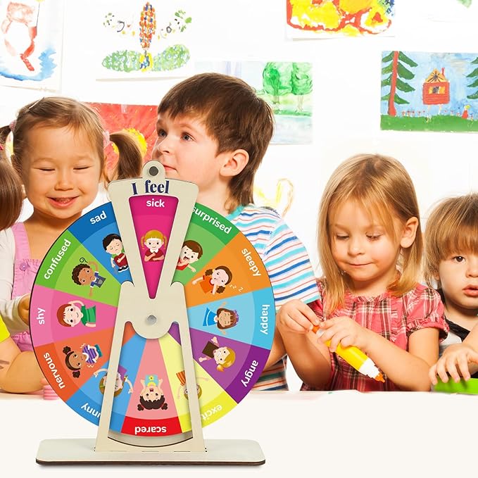 Wooden Feelings Wheel Emotion Wheel with Stand 9.5Inch Therapy Office Desk Decor Expression Emotions Chart Mental Health Gifts Therapist Must Have Feelings Poster Sign Emotional Psychology Tool Decor