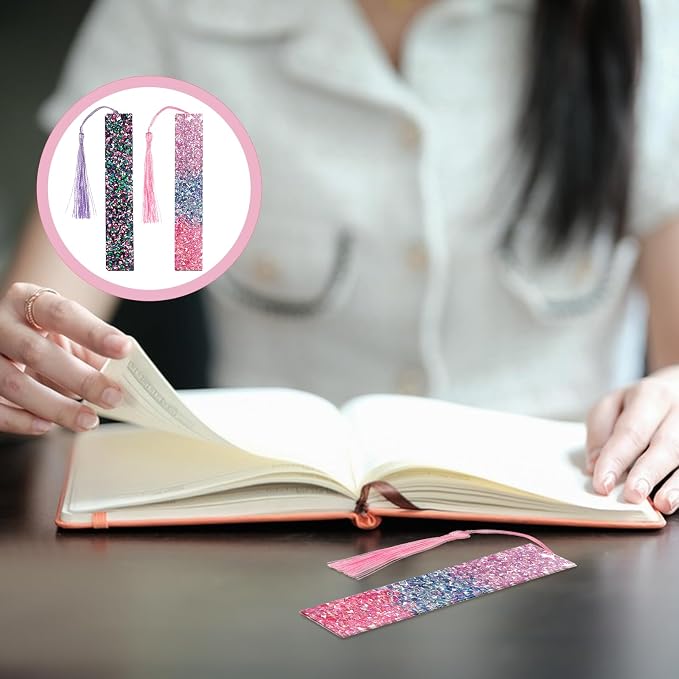 2Pcs Glitter Bookmarks for Girls Purple Pink Sparkly Bookmarks | Acrylic Bling Book Marks Resin Tassel Bookmark for Girls Women Book Lover Reading Presents