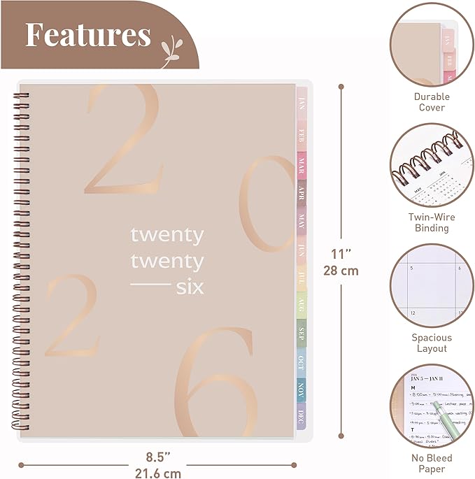 Rileys 2026 Planner, Agenda Planner With Weekly And Monthly View, Daily Agenda Book And Yearly Planners Calendar Book, Spiral Bound With Tabs, Notes, Goals And Holidays (Float, Beige, 8.5 x 11 in)