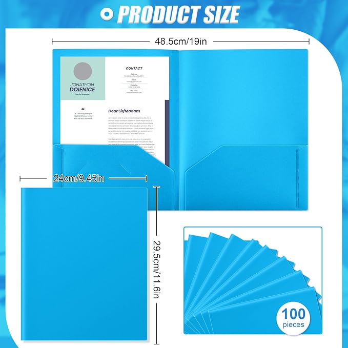 Gueevin 100 Pack Plastic Folder with Pockets, 2 Pocket Folders, Plastic Glossy Folders Fit Letter Size Paper, Heavy Duty Durable File Folder with Business Card for Home Office School (Lake Blue)