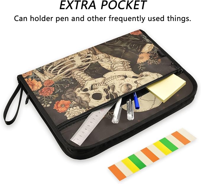 ALAZA Romantic Skeletons and Flowers Expanding Filing Folder, 13 Pockets Expandable Document Organizer Folder with Zipper Closure for Home Office A4 Letter Size Paper Document