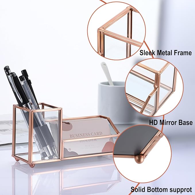 Hipiwe Glass Business Card Holder Stand Metal Pen Pencil Storage Holder for Desk Clear Business Card Display Organizer Case for Office Home Desktop,Rose Gold