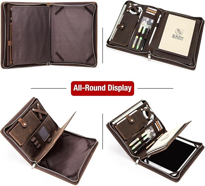 Top Grain Leather 11" Portfolio for Men & Women, Solid Vintage Design, Handmade, Large Capacity Multi-Functional Business Padfolio, Holder for Cards/iPad/Phone/Cable/A5 Paper, Coffee 11 Inch