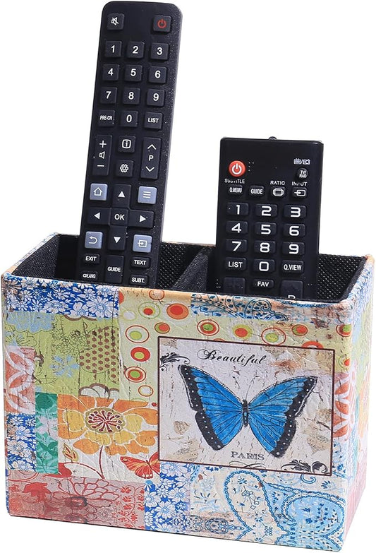 Decorative Remote Control Holder, Leather TV Remoter Caddy Storage Box Desktop Organizer Makeup Brush Pen Holder Storage Fits TV Remotes, Media Controllers, Office Supplies (Butterfly Pattern)