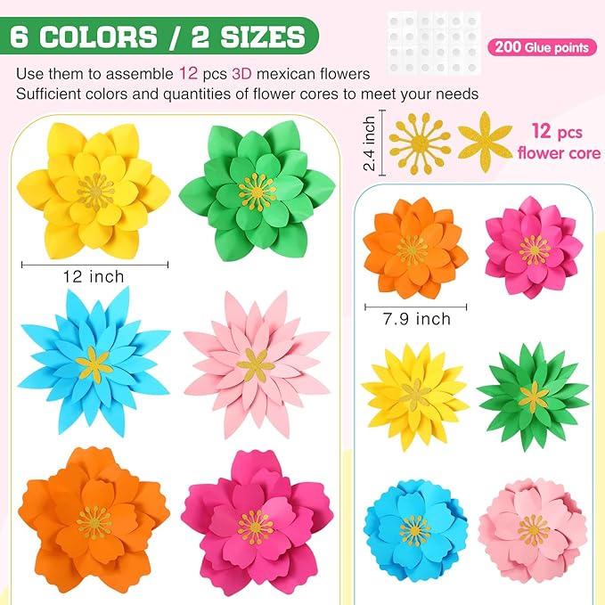 MotiMind 12 Pcs Paper Flowers Decorations for Wall DIY Paper Flowers Bulletin Board 3D Handcrafted Backdrop Decoration for Classroom Back to School Party(Rainbow Color)