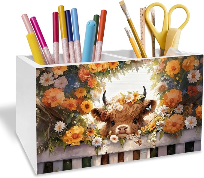 Highland Cow Floral Pen Holder for Desk, Highland Cow Gifts Pencil Organizer, Farmhouse Wildflower Heifer Wooden Box Sign Desk Decor for Girls Nursery Home Office Decoration