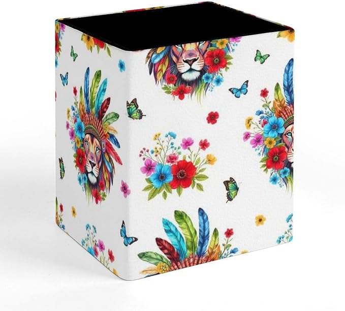 Holder Cup Makeup Brush Storage Organizer, Waterproof Multifunctional Office Supplies, Pen Holder Square Leather Pencil Colorful Lion Flowers Floral White Art
