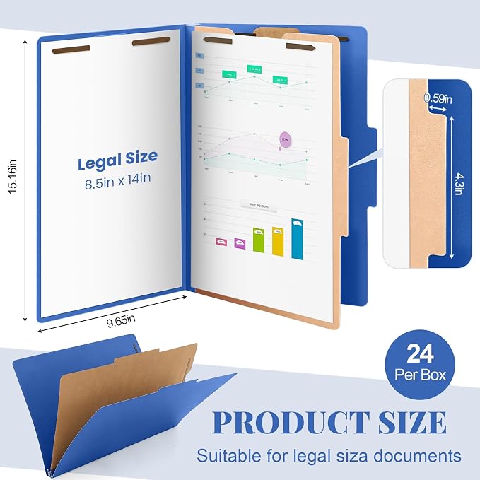 AmazingSpark 18 Pcs Legal Size Classification Folders Bulk 1 Divider Pressboard File Folder with Expansion 2 Prongs Fastener Heavy Duty Office File Organizer for School Hospitals Home (Dark Blue)