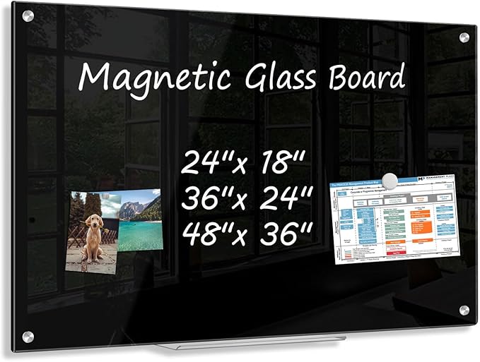 Black Dry Erase Board, 48'' x 36'' Magnetic Large Black Glass Board Frameless Wall Mounted Glass Whiteboard for Office, School & Home with 1 Acrylic Marker Tray & 6 Strong Magnets