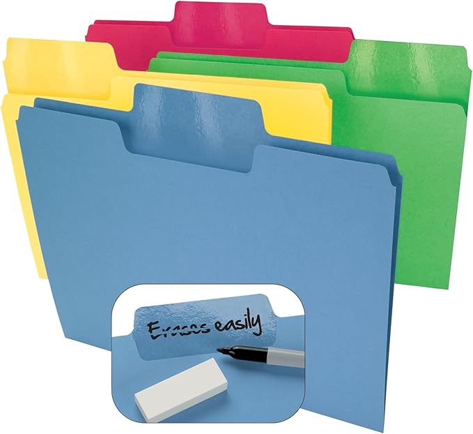 Smead Erasable SuperTab File Folder, Erasable Oversized 1/3-Cut Tab, Letter Size, Assorted Primary Colors, 24 per Pack (10480)