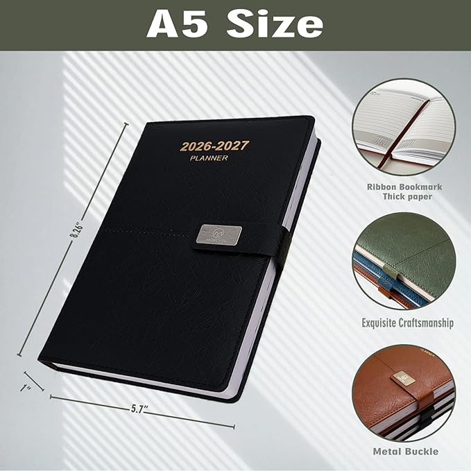 2026-2027 Daily Planner - One Page per Day, 2026-2027 Hourly Daily Calendar(July 2026 - June 2027), 5.7" x 8.26" Appointment Book, Leather Cover + Thick Paper (26-27 Black)