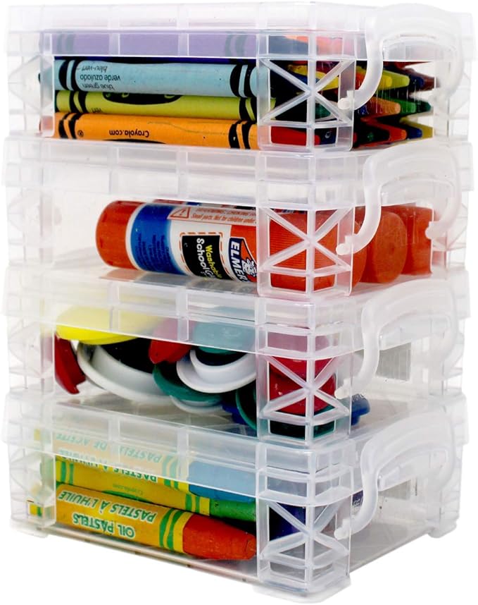 Manaloom Storage Box, School Supplies Crayon Box, Crayon Organizer, Crayon Holder Case for School, Clear Storage Organizer - Stackable Boxes - 3.5 x 4.75 x 1.6-4 Pack
