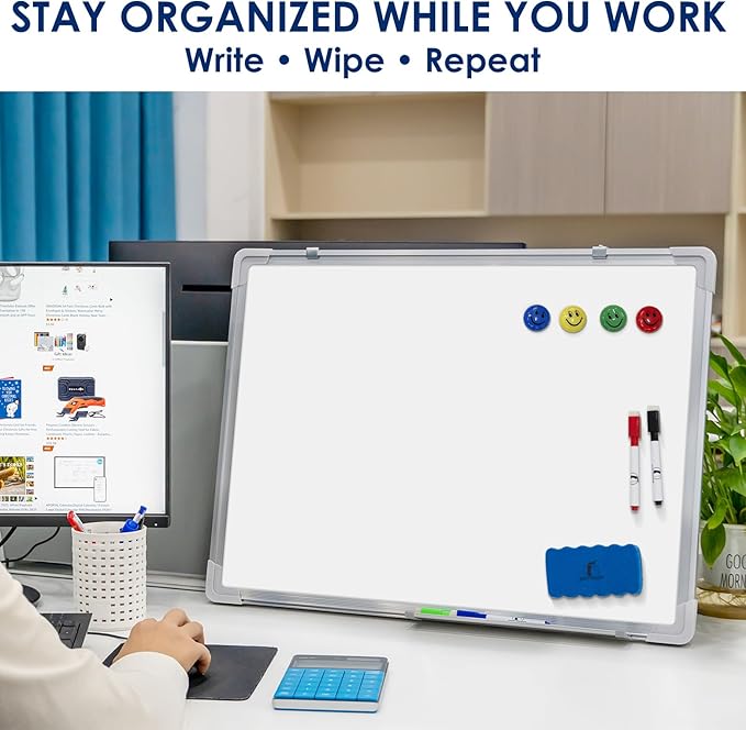 Whiteboard Set - Dry Erase Board 24 x 18 in with 1 Magnetic Dry Eraser, 4 Drywipe Markers and 4 Magnets - Small White Hanging Message Scoreboard for Home and Office (24x18 in)