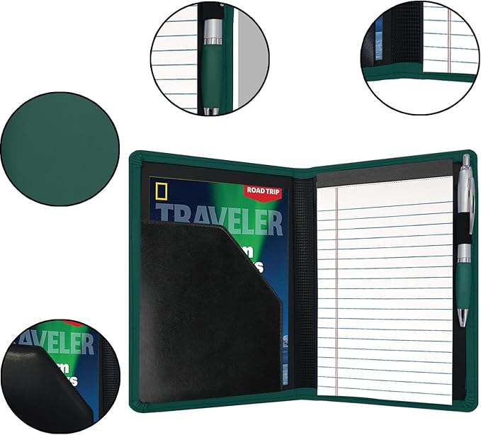 Classic Padfolio/Junior Portfolio Folder Case, Business A5 Binder Organizer Notepad for Men Women, 5 x 8 Writing Pad Included,Dark Green