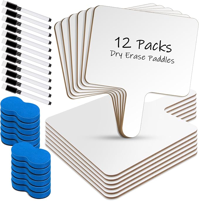Dry Erase Paddles with Handle, 12Packs Double-Sided Answer Whiteboards, Markers and Erasers for Classroom Teaching Tools