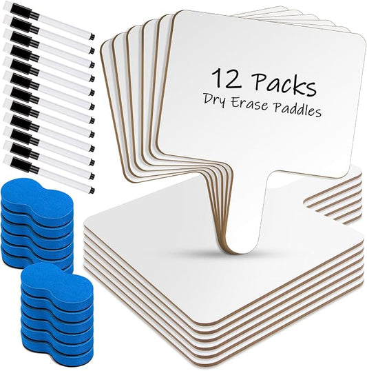 Dry Erase Paddles with Handle, 12Packs Double-Sided Answer Whiteboards, Markers and Erasers for Classroom Teaching Tools