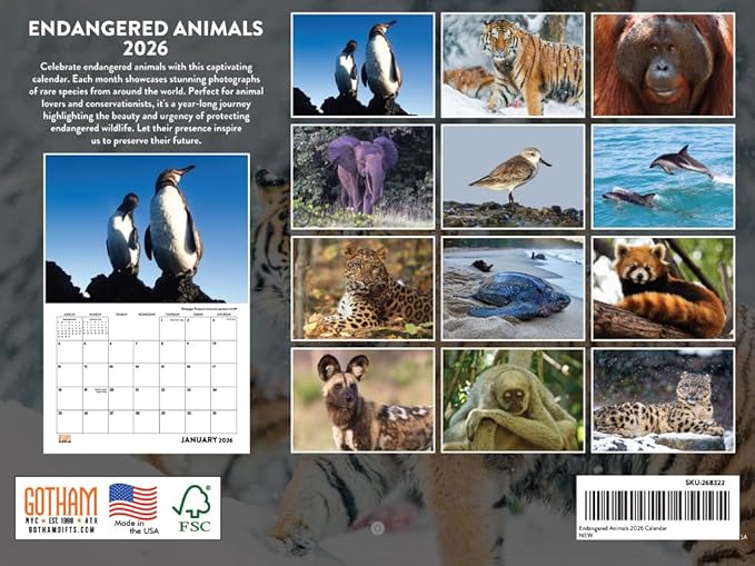 Endangered Animal Calendar 2026 Wildlife Monthly Wall Calender 12 Month | American Made In The USA