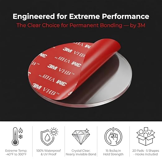 Double Sided Tape Heavy Duty 20 PCS Clear with Peeling Hook Tool Adhesive Pads 1“ and 2” Squares Dots Rectangles Pack Mounting Pads Waterproof Strong Adhesive for Automotive, Security Cameras, Mirrors