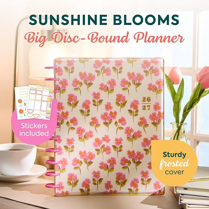 Happy Planner Disc-Bound Planner July 2026–June 2027, Includes 3 Extra Months and 2 Sticker Sheets, Big Size, 8.5" x 11", Horizontal Layout, Sunshine Blooms