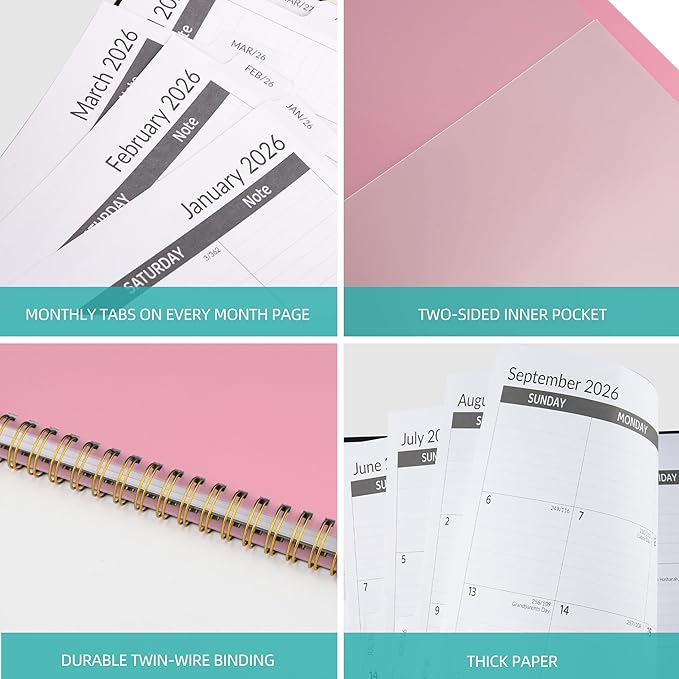 2026-2030 Monthly Planner 5 Year Monthly Planner/Calendar 2026-2030, Jan 2026 – Dec 2030, 9" x 11", Tabs, Double-Side Pocket, Holidays, Thick Paper - Pink