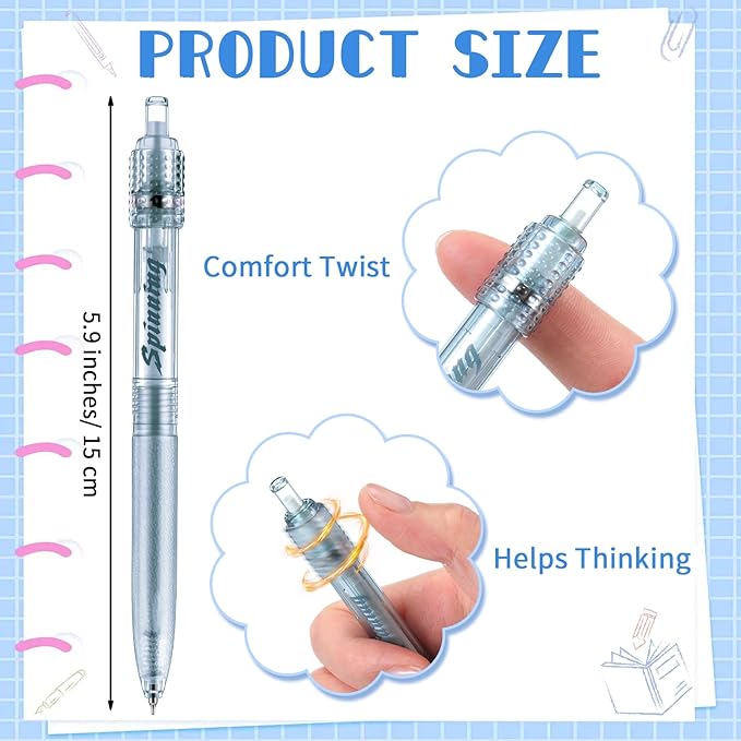 Crtiin 12 Pcs Fidget Spinner Pens for Adults Black Ink Gel Pens with Fidget Ball Stress Relief Pen Spinning Pen for Office Supplies Journaling (Cylinder,Clear)