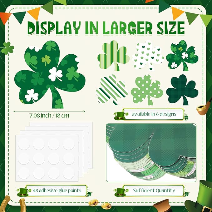 TaoBary 24 Pcs 7.09 Inch Large Shamrocks Cutouts St Patrick's Day Bulletin Board Decorations Lucky Green Irish Clover Shape Paper Cutouts for Classroom Office Ireland DIY Crafts Party Supplies
