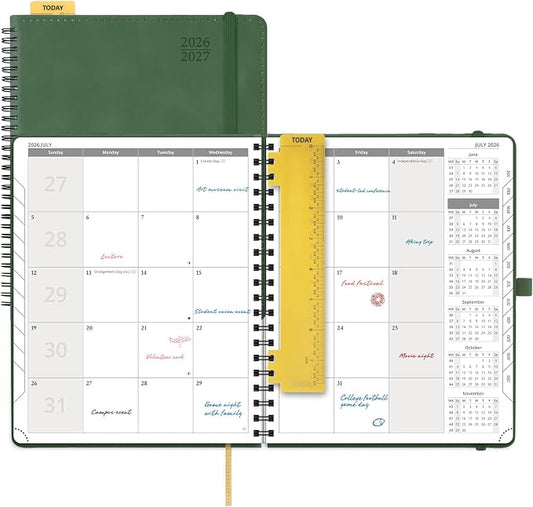 POPRUN 2026-2027 Monthly Planner, Large 8.5" x 10.5", 18 Month Calendar (July 2026 to December 2027) with Expense Tracker, Notes Pages, Sprial Bound, Leather Softcover - Green