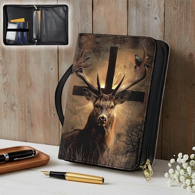 Leather Bible Cover with Bookmark，Carrying Book Case Church Bag X-Large Bible Protective Brown Bible Case,Christian Gifts,Cross and Deer