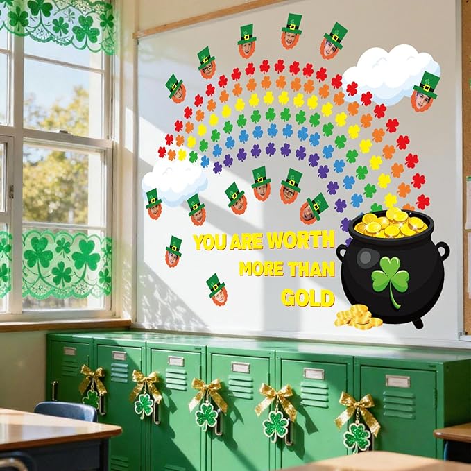 AnyDesign St. Patrick' s Day Classroom Door Decoration Bulletin Board Set Shamrock Clover Gold Coin Pot Paper Cutouts for Irish School Classroom Chalkboard Wall Door Welcome Decor