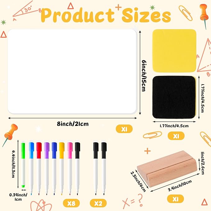 Small Dry Erase Board - Whiteboards for Classroom Supplies with 10 Markers and Eraser, Portable Double Sided Lapboard with Wood Base for Students Teachers School Accessories (8 x 6 in)