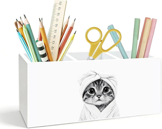 Cat Toothbrush holder Gifts，Cat Pen Holder for Desk, Funny Bathrobe Kitty Wooden Box Toothbrush Organizer for Bathroom Powder Room Desk Accessories