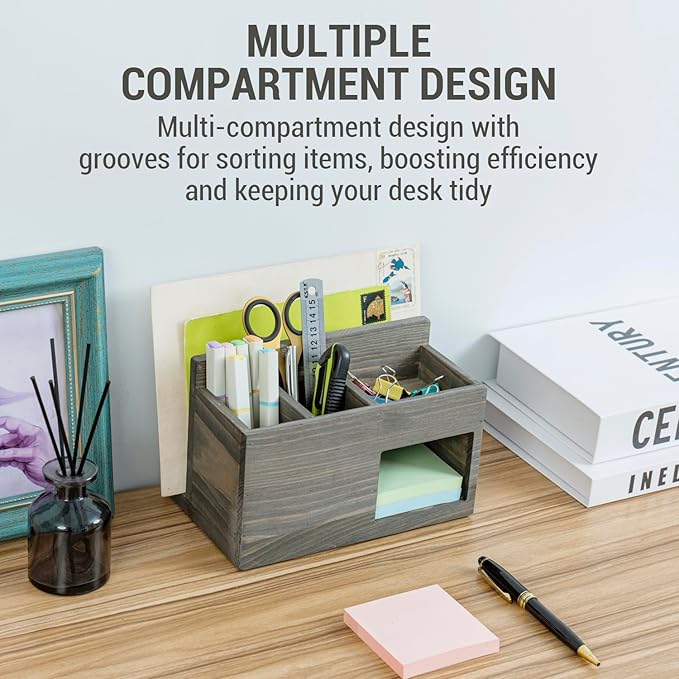 MyGift Vintage Weathered Gray Solid Wood Desktop Organizer – Mail Slot, 2 Pen Holders, Sticky Note Storage, Supplies Tray, Office Desk Caddy