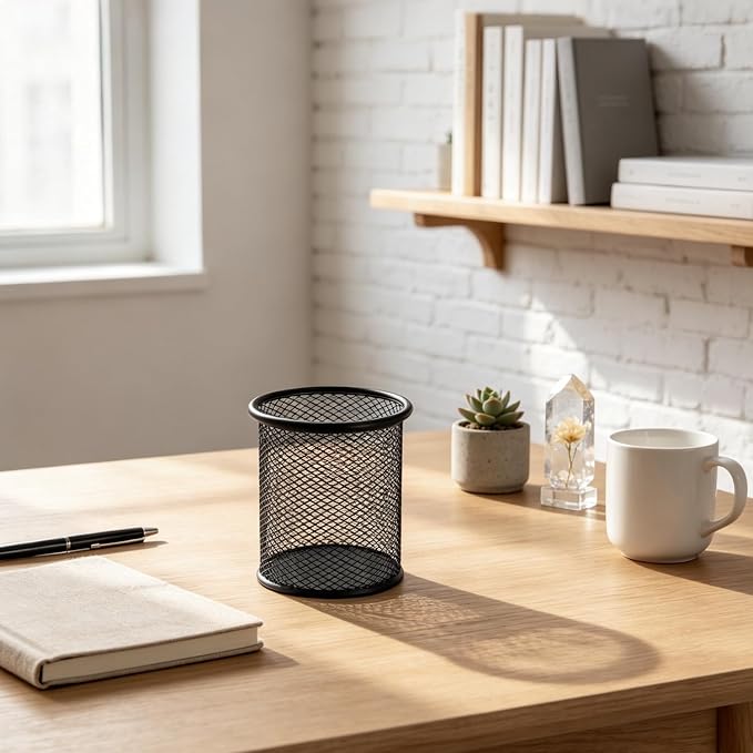 Set of 2 Mesh Pen Holders, Metal Round Pencil Cups Desk Organizer, Sturdy Wire Stationery Supplies Storage Stand for Office School Classroom Home Workspace Desktop Decor Accessories - Black