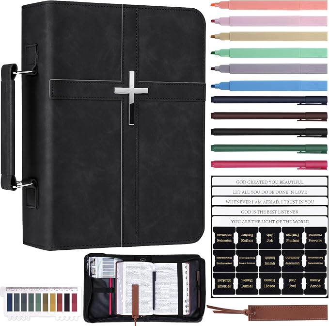 XKDOUS Bible Cover Case Leather Book Carrying Case Large Bible Bag Organizer with Cross, Handle, Pens, Tabs, Study Supplies Journaling Kit Christian Gifts Father Day for Dad, Men, Women, Lady