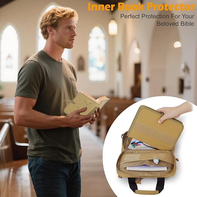 ATRIPACK Tactical Large Bible Cover for Men,Double Layer Bibles Bag With Detachable Book Carrying Case, Covers for Bible Organizer with Zippered Pockets,Church Case with Handle.