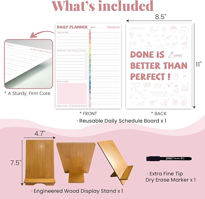 JJPRO Reusable Desktop Daily Planner with Stand,Reusable Time Schedule Board,11"x8.5" Hourly Schedule Dry Erase Board with Time Slots,Desk Hourly Dry Erase Board w/Engineered Wood Stand-Pink