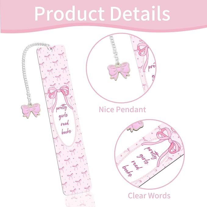 Pink Bow Metal Bookmark Gifts, Cute Metal Bookmark with Charm, Pretty Girls Read Books Gift for Women Girls, Bookish Accessaries for Reading Book Lovers Birthday Christmas School Office Supplies