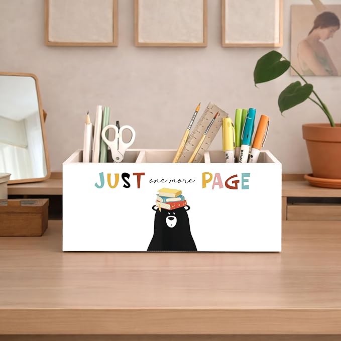 Just One More Page Black Bear 3-Compartment Desk Organizer, Wooden Pencil Holder for Pens, Pencils, Scissors & Rulers, Cute Reading Theme for Home, Kids, Office