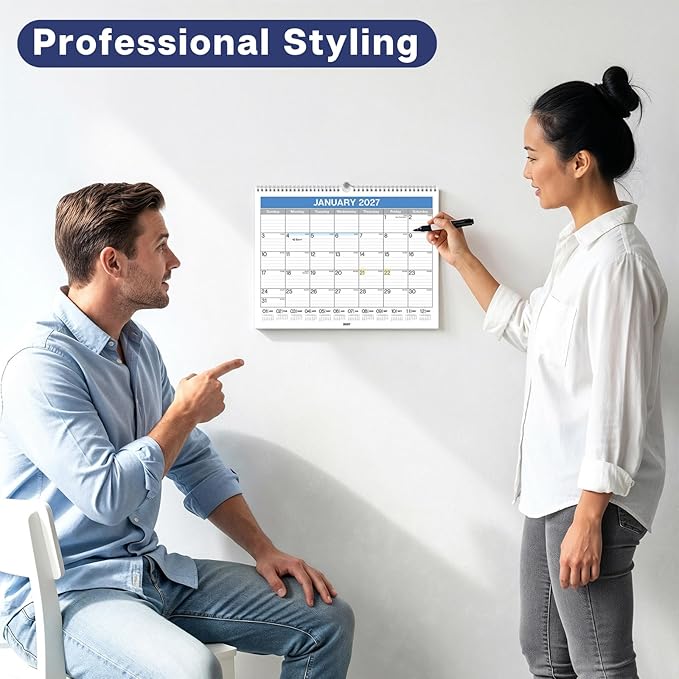 Dunwell 2026-2027 Wall Calendar 12x15 (Blue), July 2026 to December 2027, 12 x 15 Large Lined Monthly Academic Hanging Calendar, Professional Style for Home, Office, School or Organization