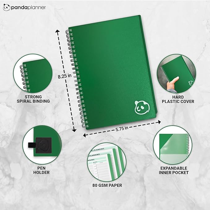 Panda Planner 2026 Undated Daily Planner 5.75" x 8.25" – 90-Day Spiral Productivity & ADHD Planner with Hourly Schedule, Habit Tracker, To-Do List & Monthly Calendar – Panda Journal for Home & Office (Green)