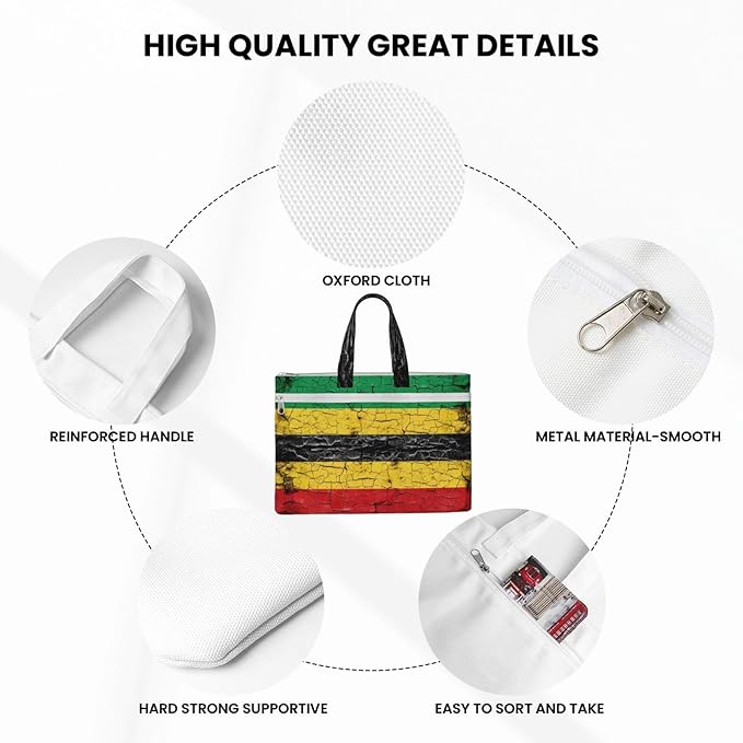 Foldable Canvas Zipper File Pouch Red Yellow Green Rasta Flag Stripes, Waterproof Document Storage Bag with Handle for Office Cross Stitch