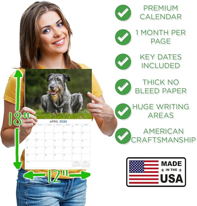 2025 2026 Irish Wolfhound Calendar - Dog Breed Monthly Wall Calendar - 12" x 18" Open - Thick No-Bleed Paper - Giftable - Academic Teacher's Planner Calendar Organizing & Planning - Made in USA