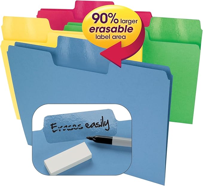 Smead Erasable SuperTab File Folder, Erasable Oversized 1/3-Cut Tab, Letter Size, Assorted Primary Colors, 24 per Pack (10480)