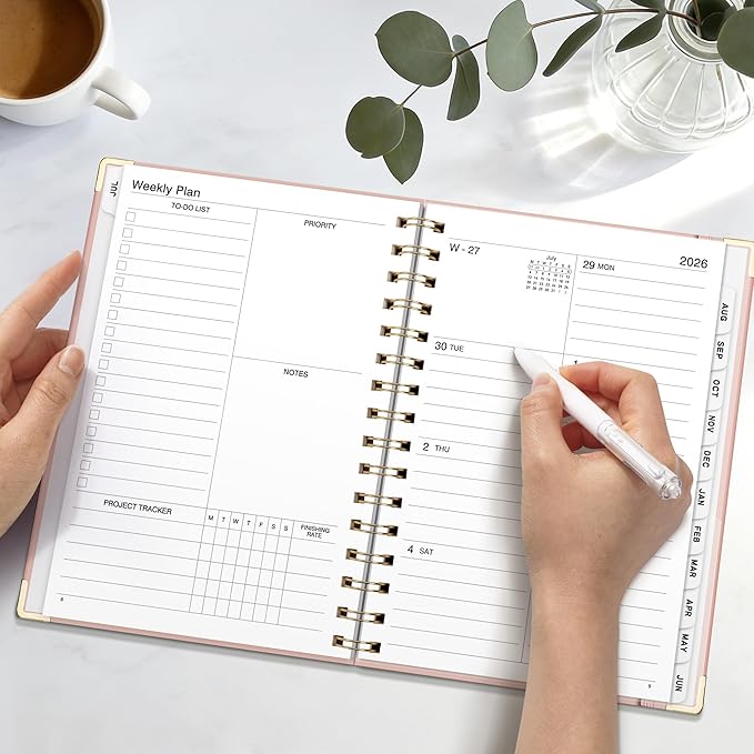 Academic Planner 2026-2027, Weekly and Monthly, A5 Size (5.7" x 8.3"), July 2026 - June 2027, To-do List for Tracking, for School, Home, Office, Hardcover, 12-Month Tabs (Pink)