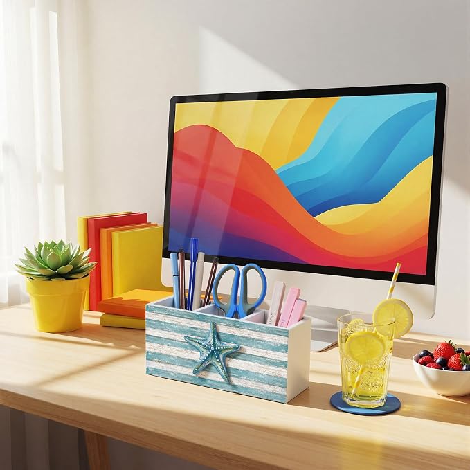 Feifeiya Starfish Coastal Pen Holder for Desk Lake House Nautical Beachy Wooden Box Sign Desk Decor Starfish Pencil Organizer Ocean Beach Lovers Gifts for Home Office Tabletop Shelf Decoration