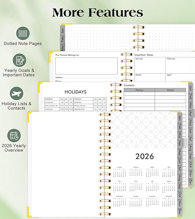 2026 Planner, Hardcover Leather Weekly and Monthly Planner, January 2026 - December 2026, Spiral Yearly Agenda Organizer Book 2026 with Tabs, Daily Calendar Planners for School Work Home, A5 (5.75" x 8.38"), White