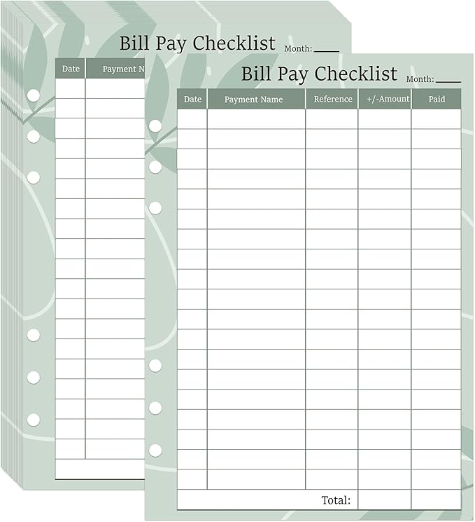 50 Pack Payment Checklist Refills 6-Hole Punched Loose Leaf Budget Planner Refill - Colorful Monthly Budget Forms Budget Planner Note Card for A5 Binder Saving Organizer Budgeting (Green)