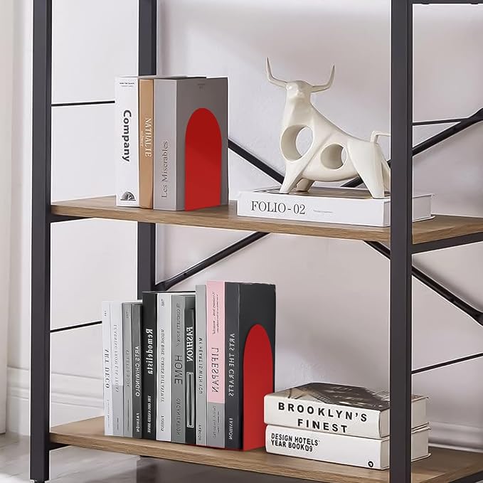 Lulonpon 8 Pieces Book Ends, Bookends, Books Stand, Metal Bookend for Shelves, Red Book Ends for School, Library, Desktop Organizer