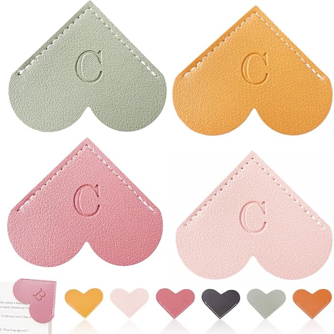 Personalized Leather Heart Bookmark, 26 Letters Customized Corner Book Mark for Reading Women, Book Marker with Initials，Cute Gifts (Light Pink+Deep Pink+Green+Light Brown, C)