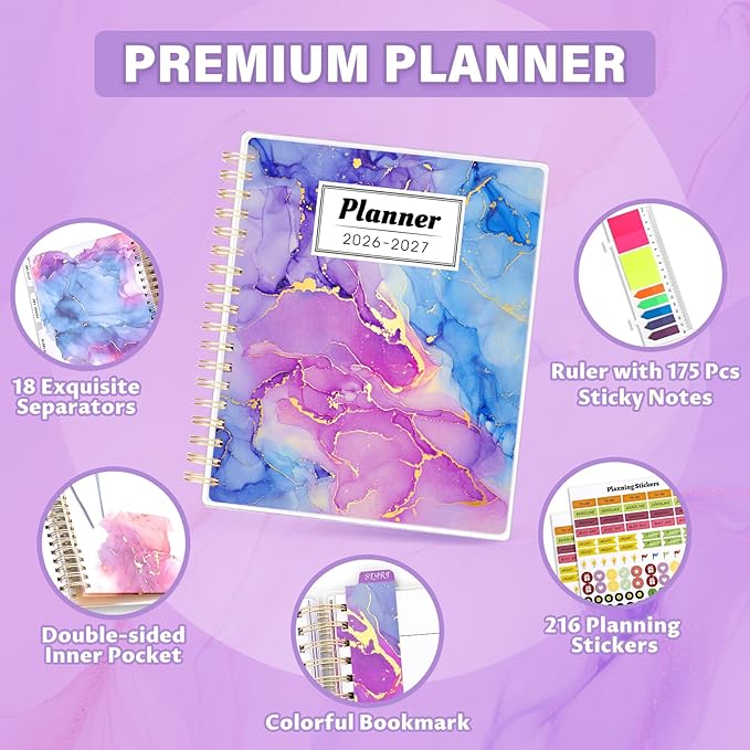 Planner 2026-2027, Large 18 Months Academic Daily Weekly Monthly Planner Yearly Agenda Jan. 2026–June. 2027, 7.9" x 9.8", Page Tabs, Separator Page, Pocket Folder, Bookmark, Stickers, Sticky Note Set